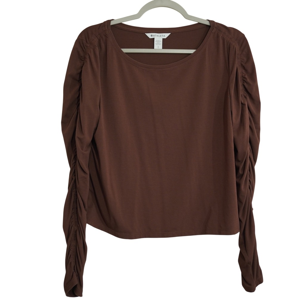 Athleta Size Large Brown Ruched Long Sleeve Top Crew Neck Pullover Yoga Shirt